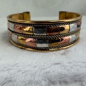 Vintage TriMetal Brass Copper Silver Channel Handcrafted Tibetan Bangle Bracelet
